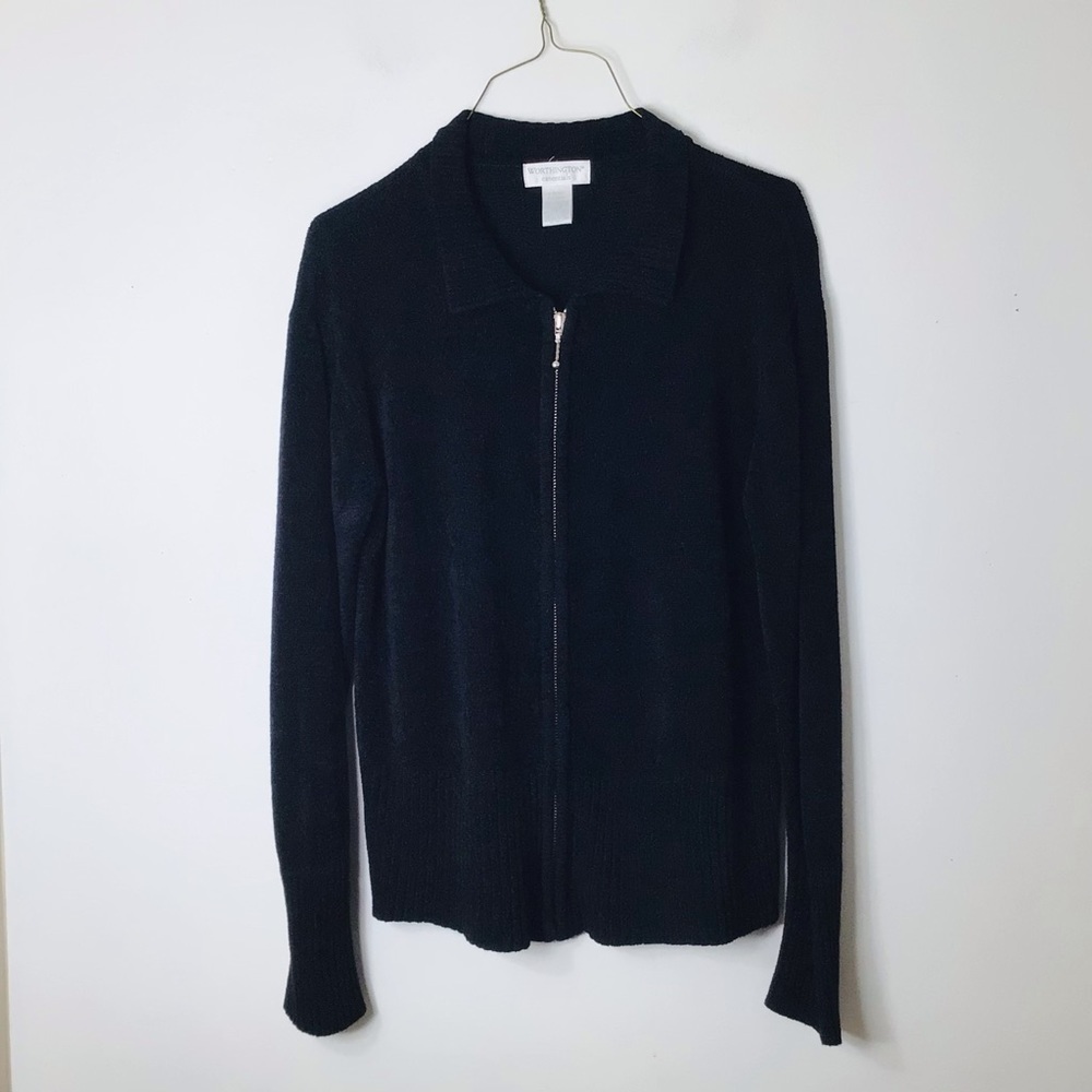 Worthington Essentials large black full zip velour chenille jacket